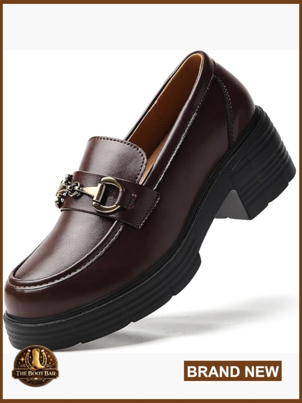 Leather Platform Loafers with Gold Buckle Slip-On Business Casual Shoes